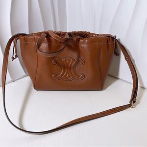 CELINE Triomphe Brown Leather Drawstring Bucket Bag